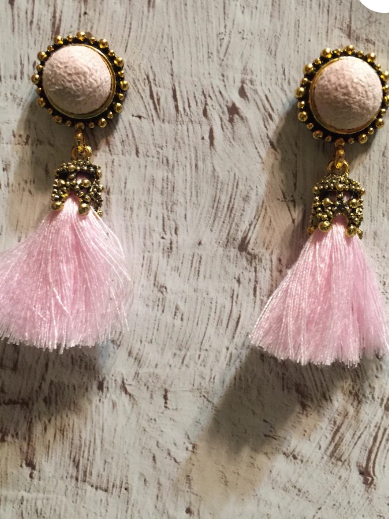Fashion Jewelry Pink Tassel Drop Earrings With Gold Accents